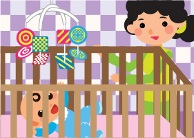 A baby is lying in a crib with his parents standing aside and a colorful baby toy hanging in front of him
