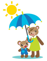 Mother bear holding up an umbrella for baby bear to prevent direct exposure to the sun