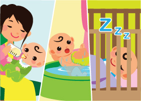 Showing a mother helps her baby develop regular sleep routine. She feeds her baby, baths her and puts her to sleep in her crib