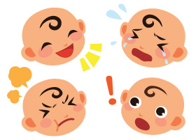Four baby faces with different emotions : happy, crying, angry, surprised