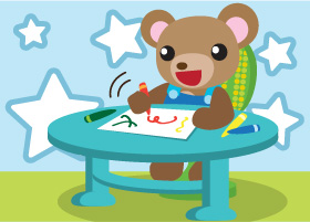 小熊坐在小桌子前面, 手拿著筆在圖畫紙上畫著
