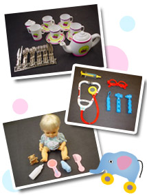Toy tea set, Toy doctor set, A baby doll and toy tea set
