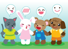 小熊, 小兔, 小貓, 小狗手拉手站著, 表示不同性格的小朋友也可聚在一起玩耍